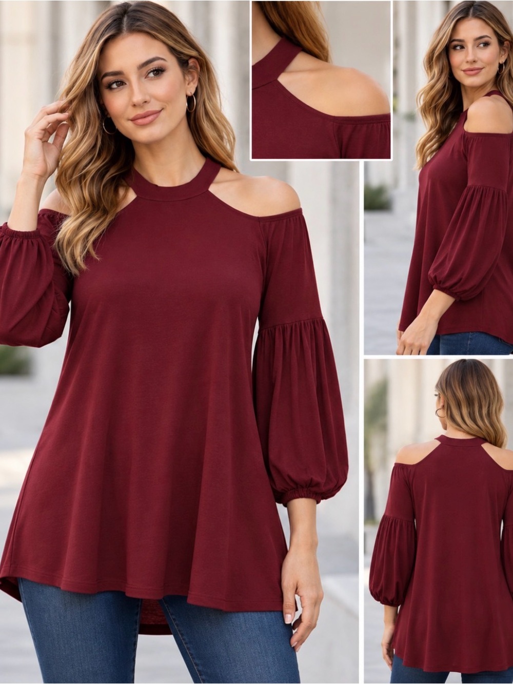 Free People Burgundy Bell Sleeve Off the Shoulder Blouse with Halter Neck